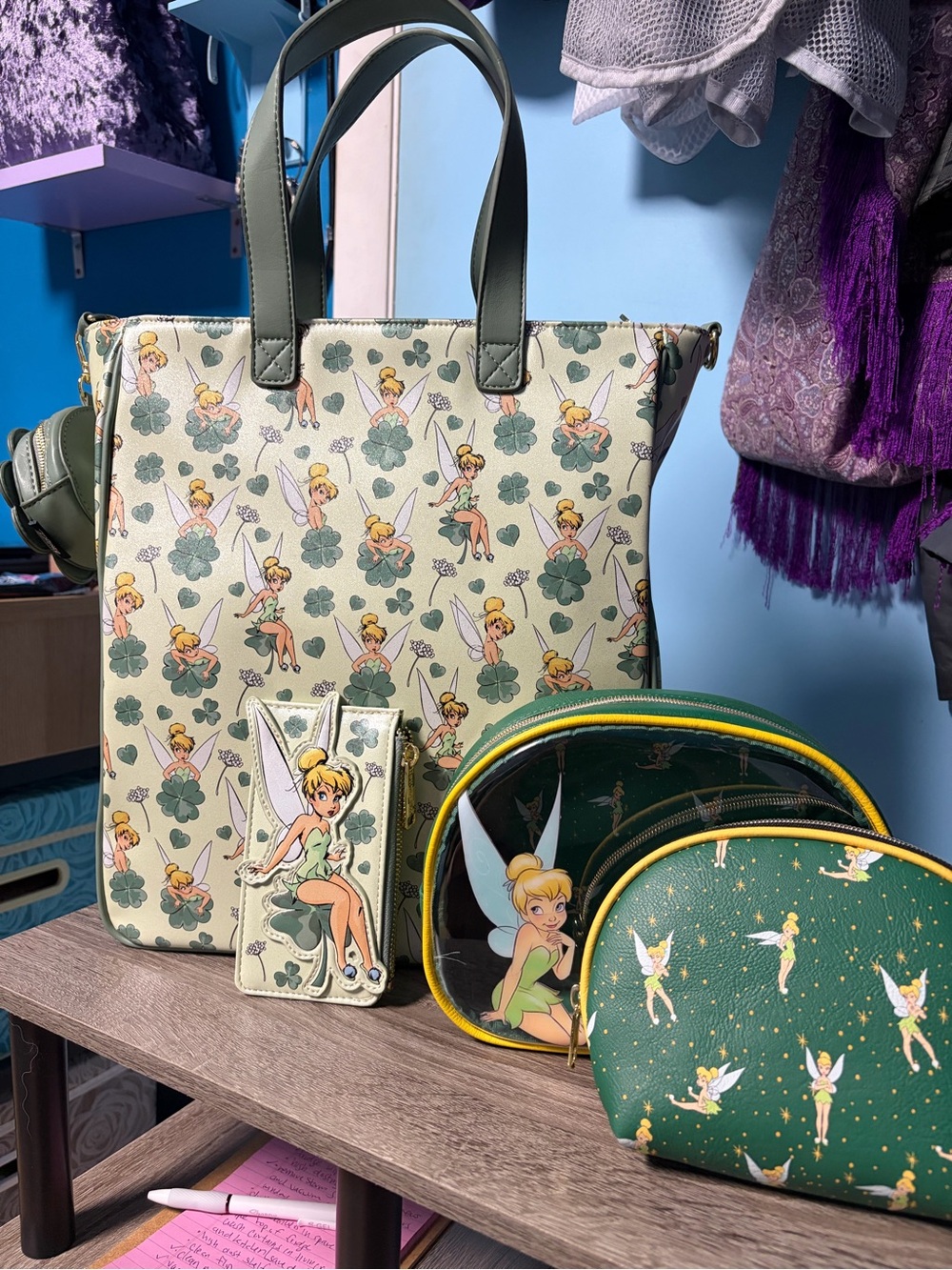Loungefly Tinerbelle tote bag, matching wallet, cosmetic bag set, & coin purse